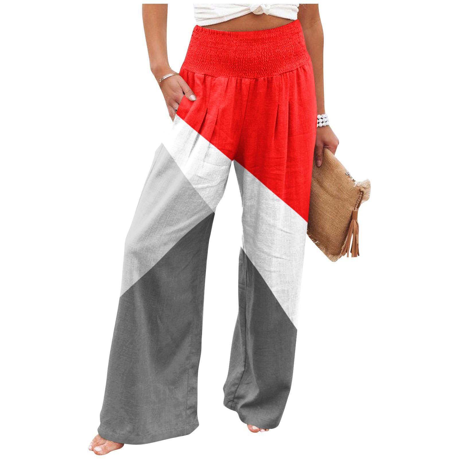 

Women s Summer Elastic Waist Plaid Printed Cotton And Linen Loose Trousers M червоний