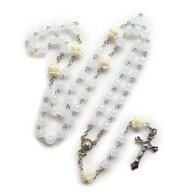 10mm Acrylic Bead Rosary Necklace Vintage Weave Catholic Religious Cross Jesus Pendant Necklaces for Men Women Jewelry Charm