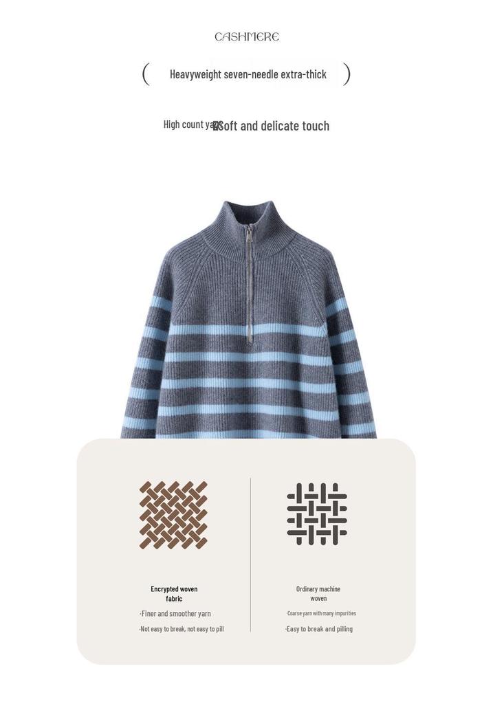 2026 Autumn Winter Women's Cashmere Half-High Collar Zipper Striped Knit Sweater