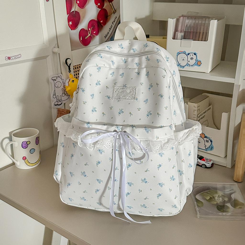 Schoolbag Milky White Floral Backpack Female Ins Niche Schoolbag Female Lace Backpack Junior High School Versatile Commuter Backpack