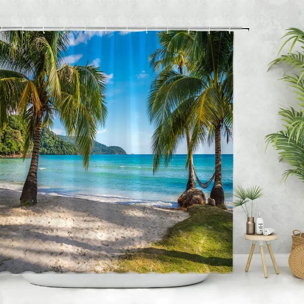 

Морской пейзаж Душевая занавеска для ванной комнаты Тропический океан Пляж Пальма Лист Моющиеся Душевые занавески Ткань полиэстер Домашний декор 90x180cm-35x70in