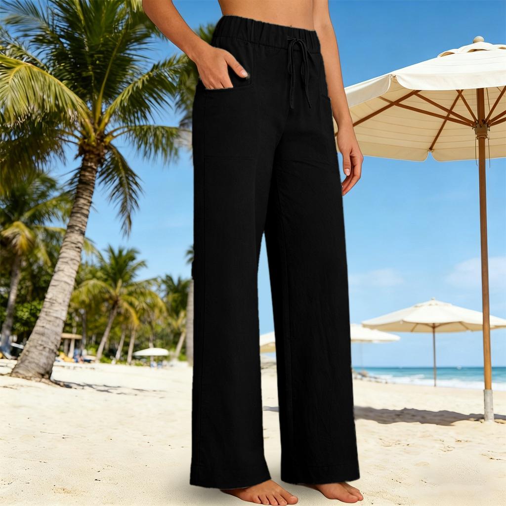 Women's Fashionable Elasticated Casual Color Wide-leg Trousers