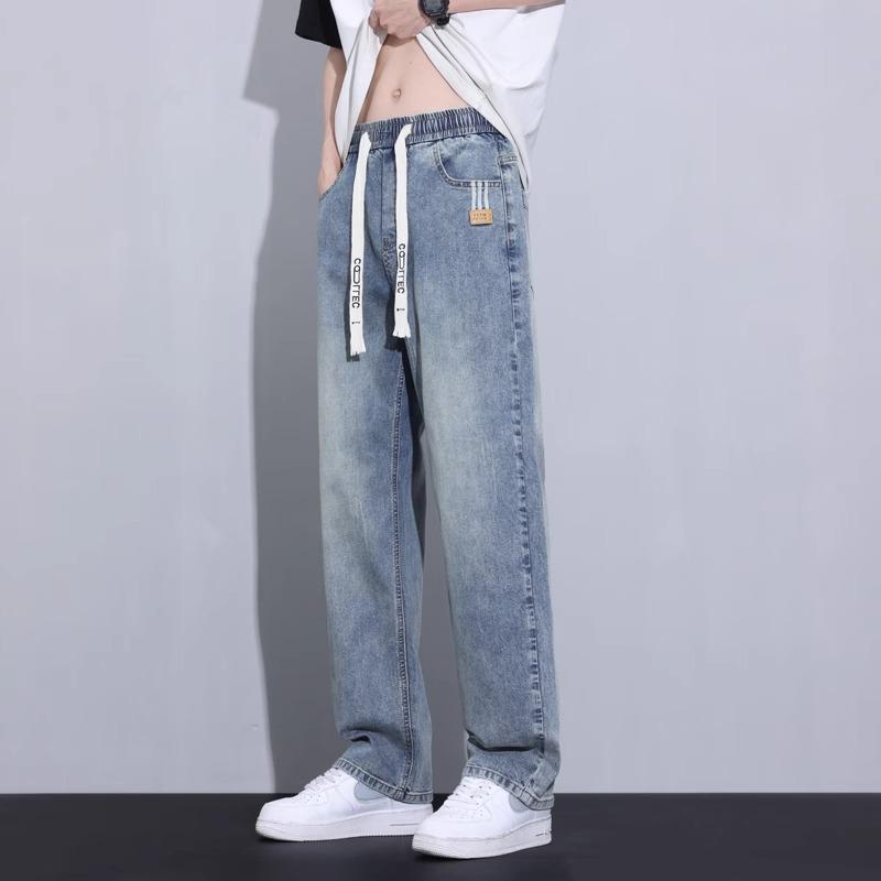 Men s Thin Loose Straight-Leg Jeans for Autumn, Trendy Brand Casual Long Pants for Boys Loose Fit Drawstring Jeans Men s M