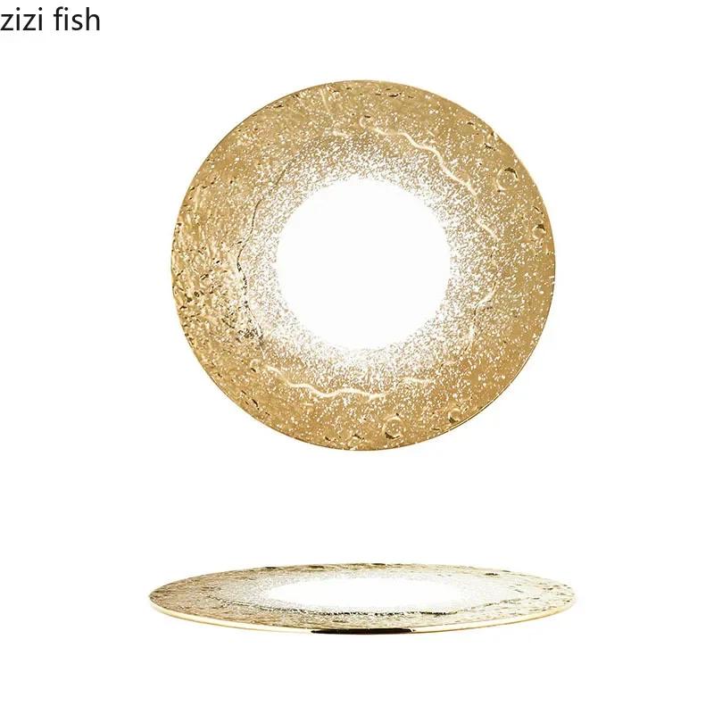 Ceramiczny płaski talerz w kolorze białego złota z wzorem kamienia, talerz na stek, talerz deserowy, naczynie do sushi, talerze do gotowania, kreatywna zastawa stołowa restauracyjna