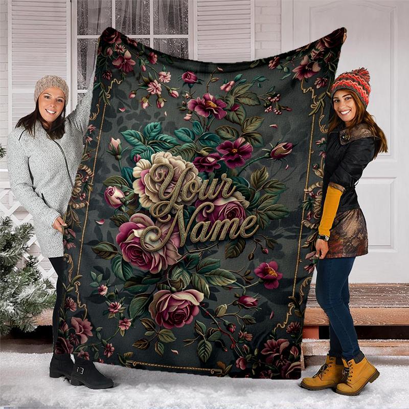 Custom Name Floral nameplate Flannel Fleece Blanket Cozy Warm Throw Blanket For Couch Bed Travel All Season Use