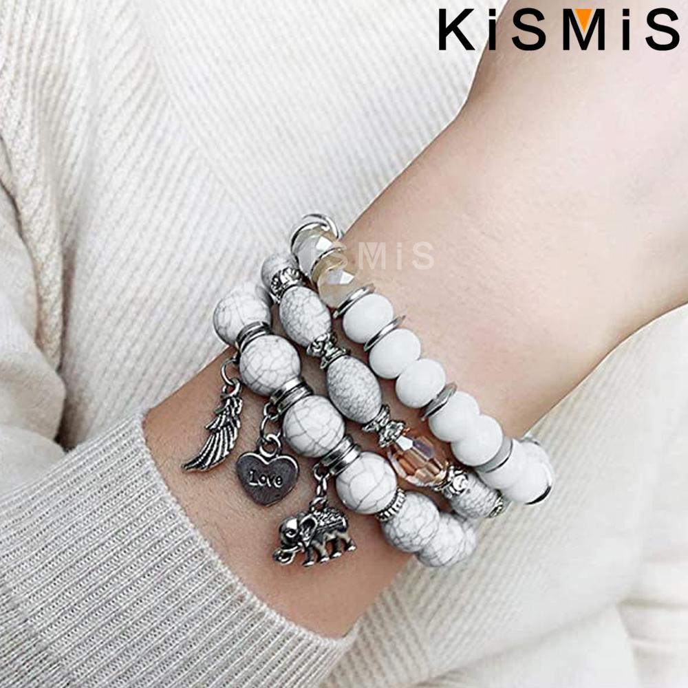 3Pcs Layered Boho Bracelets Set Stackable Stretch Bead Bracelet with Elephant Heart Charm for Women Fashion Jewelry