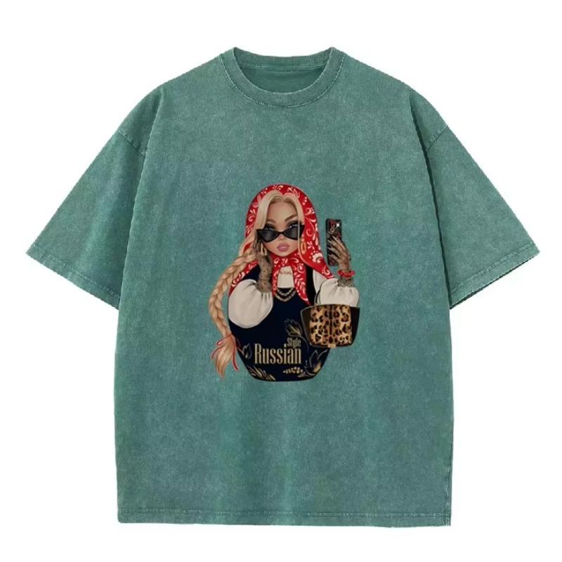 Fashion Russian Style Babushka Doll Print T-shirt Vintage Washed Casual Loose Short Sleeve Streetwear Tops