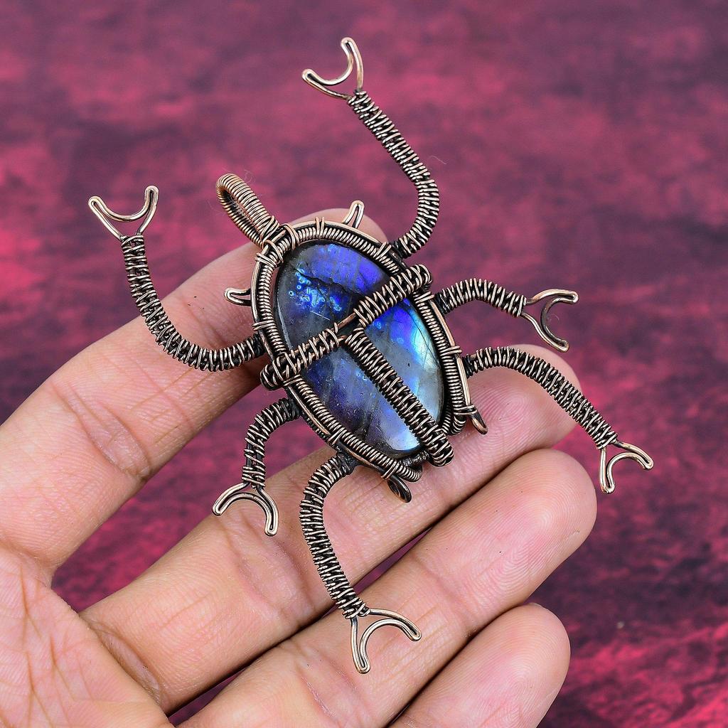 Labradorite Pendant Handmade Beetle Jewelry Copper Wire Wrapped Gemstone Pendant