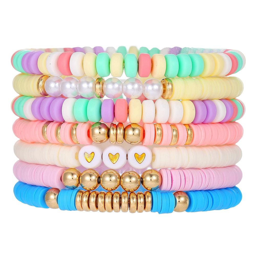 Bohemian color multi-layer soft pottery beaded bracelet, summer beach style versatile love stacked jewelry set
