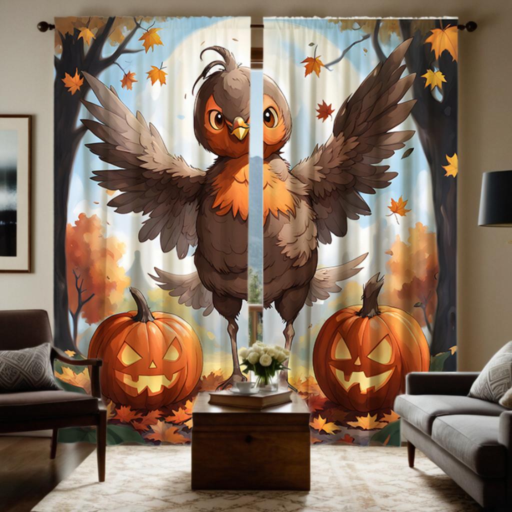 Set Of 2 Hd Halloween Pumpkin Rooster Maple Leaf Decorative Curtain Brown Tie Digital Printed Home Decoration Style Curtains Made Polyester