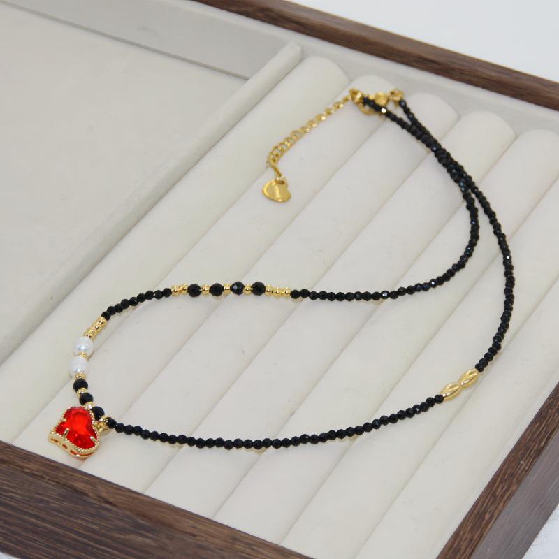 Exquisites Schwarzes Spinell & Süßwasserperlen Halsketten-Set für Damen - 2025 Naturstein Schlüsselbein-Kette, Luxuriöser Nationaler Stil