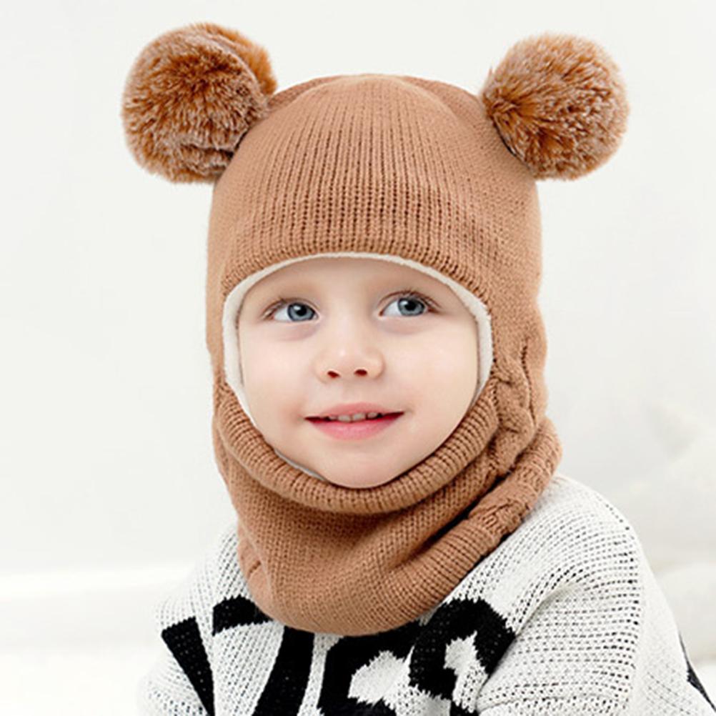 Kids Winter Hat Scarf Set Knitted Hat Scarf Earflap Thick Fleece Lined Warm Hood Hat with Pompoms for Girls Boys