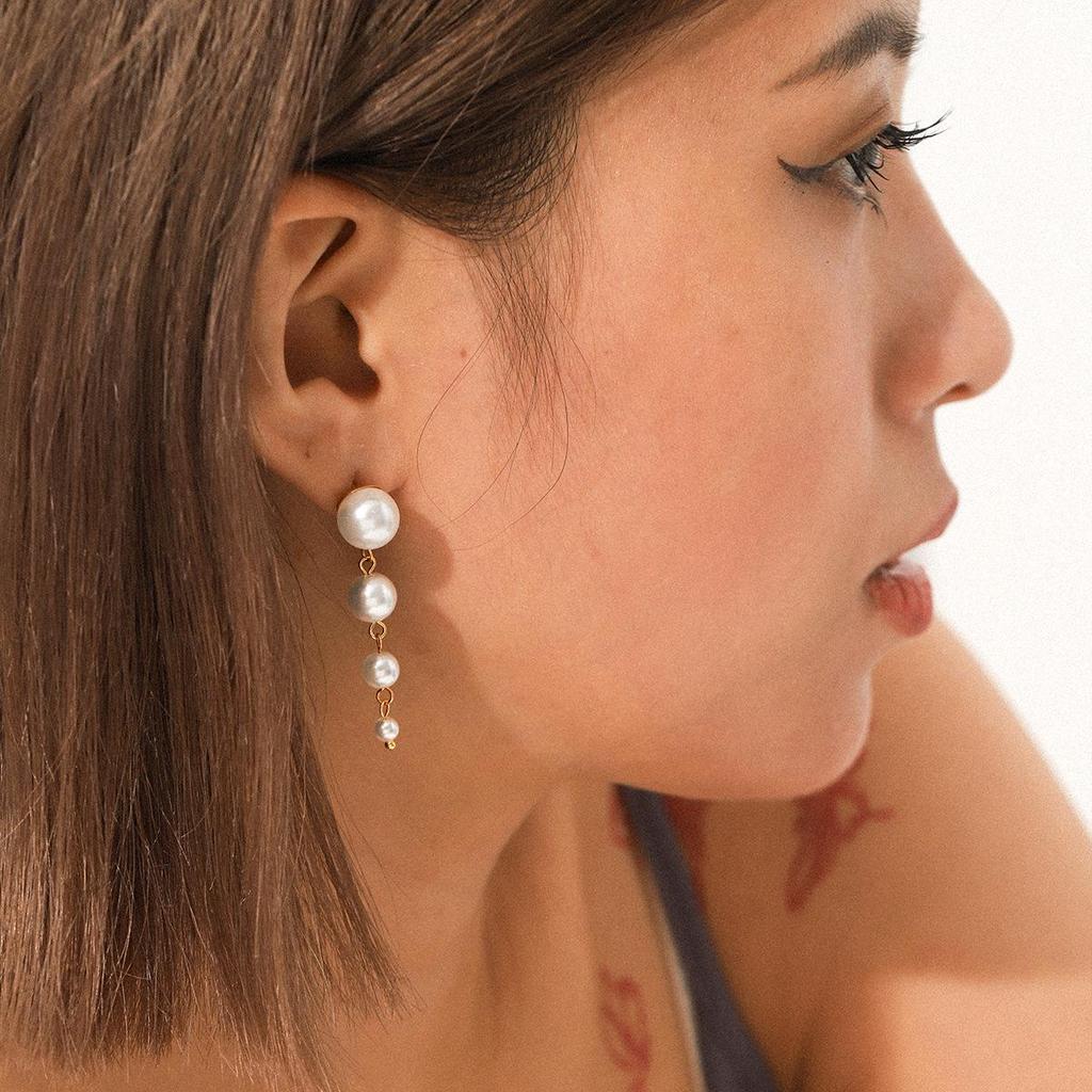 18k Gold Pearl Tassel Stainless Steel Earrings - Elegant Luxury Studs for Women