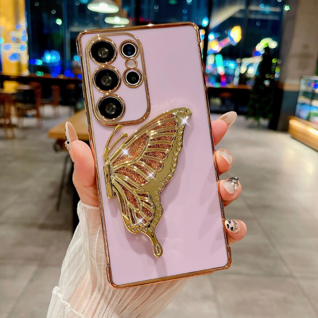 For Samsung Galaxy S25 Ultra Case with Glittering Butterfly Kickstand Rose Flower Electroplated TPU Phone Cover