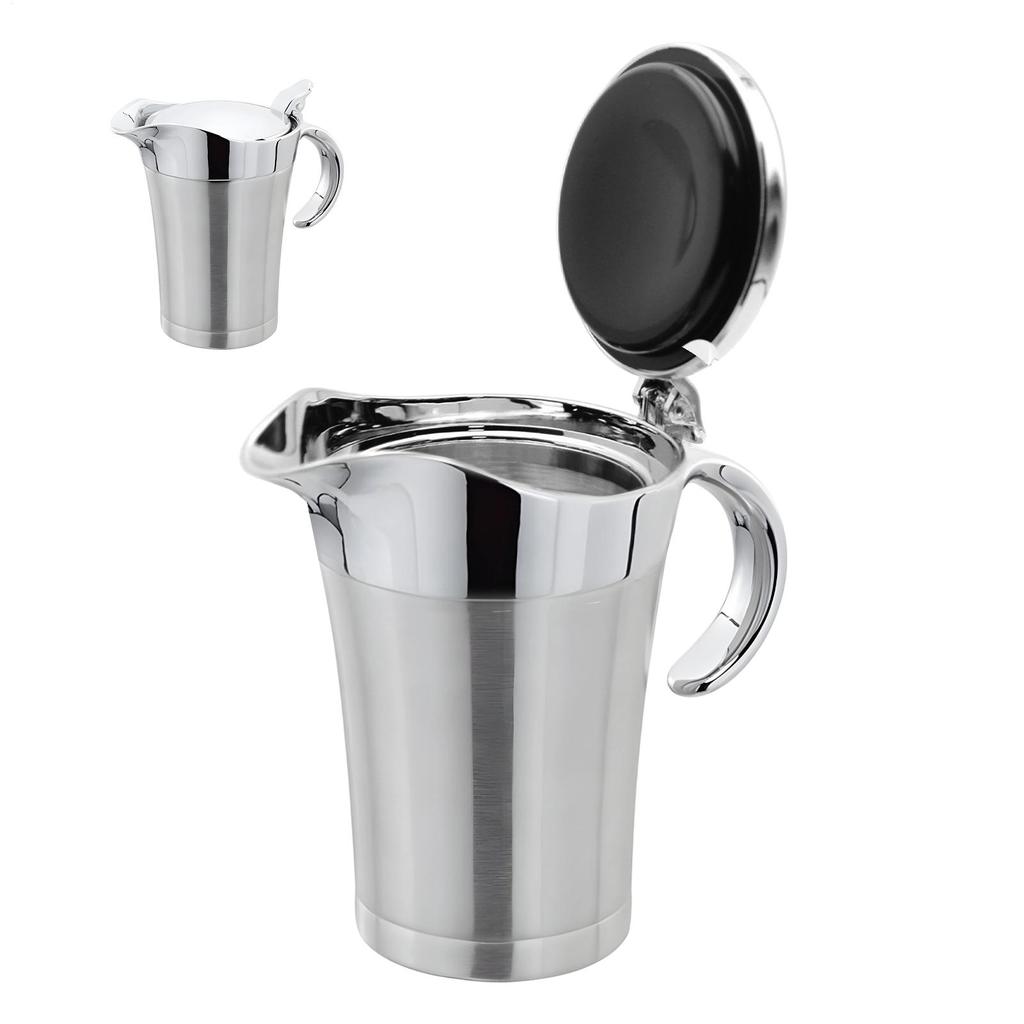 Stainless Steel Gravy Jug 450ML Sauce Dispenser Double Insulated Sauce Gravy Boat Vinaigrette Pot with Hinged Lid for Home