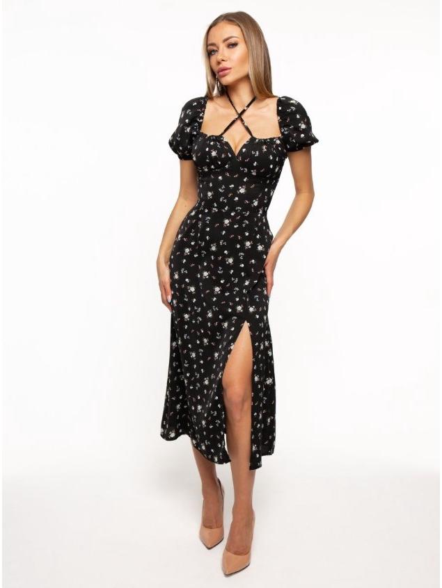 Women's Summer Floral Puff Sleeve Halter Dress with Square Neck