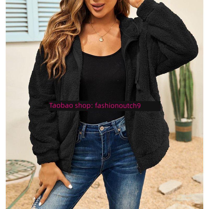 

2024 Casual Loose Sweater Plush Sweater Hooded Coat Hooded Outwear Black XL