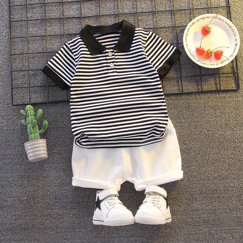 0-5 Years Boys Summer Short-sleeved Striped Polo Shirt Two-piece Set
