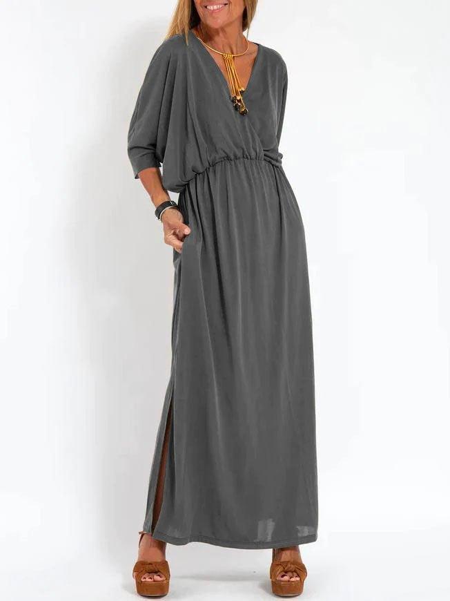 European And American Style Summer New Products, Fashionable Solid Color High-Waisted Split V-Neck Dress