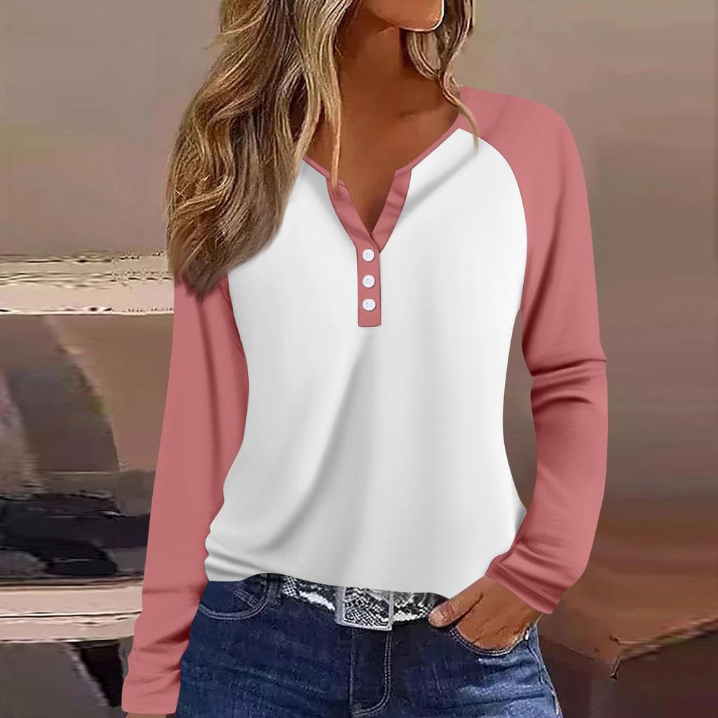 Women's T Shirt Color Block Button Long Sleeve Daily Weekend Fashion Basic V- Neck Regular Top