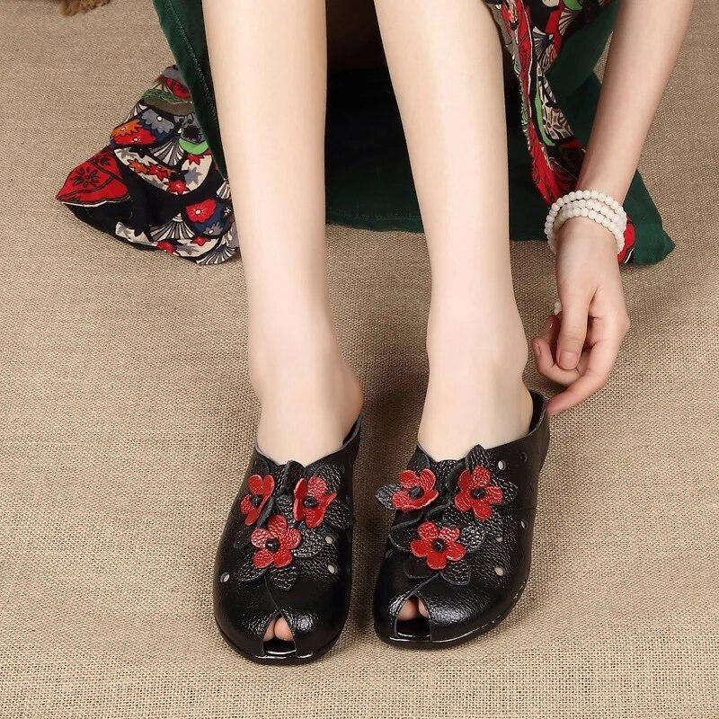 2026 Summer Genuine Leather Shoes Women Sandals Old Beijing Style Flat Shoes Tiny Flowers Shoes Black Red Plus Size 42