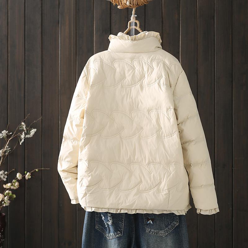 FASHION2024 New Product Handmade Buckle Light and Thin Splicing Stand-up Collar White Duck Down Short and Winter Literary Jacket Clothes