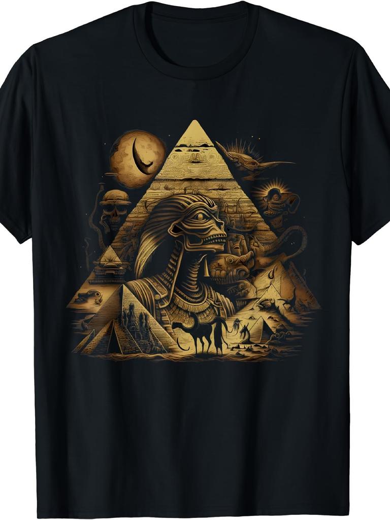 Plus Size Unisexs Retro Alien Ufo Pyramid Anime Crew Neck Tee Soft Loose Fit Suitable For Themed Parties And Nostalgic Casual Outfits