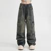 Mens Relaxed Fit Straight Leg Denim Cargo Pants Water Washed Vintage Streetwear Style