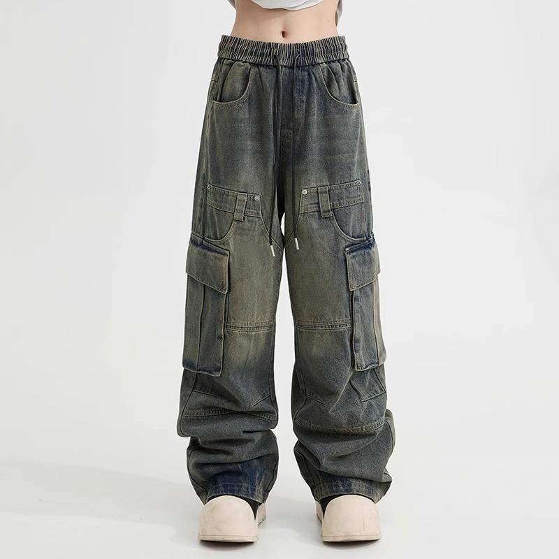 Mens Relaxed Fit Straight Leg Denim Cargo Pants Water Washed Vintage Streetwear Style