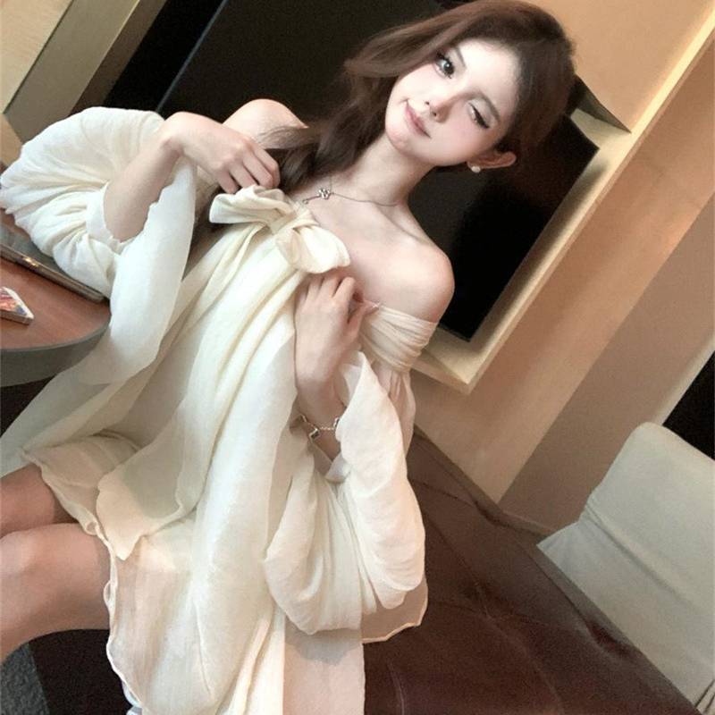 Abito Chiffon Scollato Stile Francese con Fiocco per l'Estate Casual