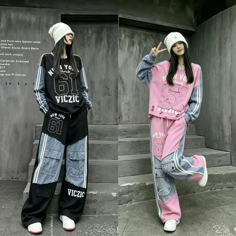 Womens American Style Denim Tracksuit Loose Letter Print Hoodie Cargo Pants Hip Hop Streetwear