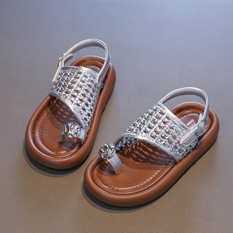 Sandálias de Encaixe com Pérolas para Meninas, Sapatos de Princesa, Sandálias de Praia Trançadas Estilosas para Bebês e Crianças, Sapatos Casuais Frescos