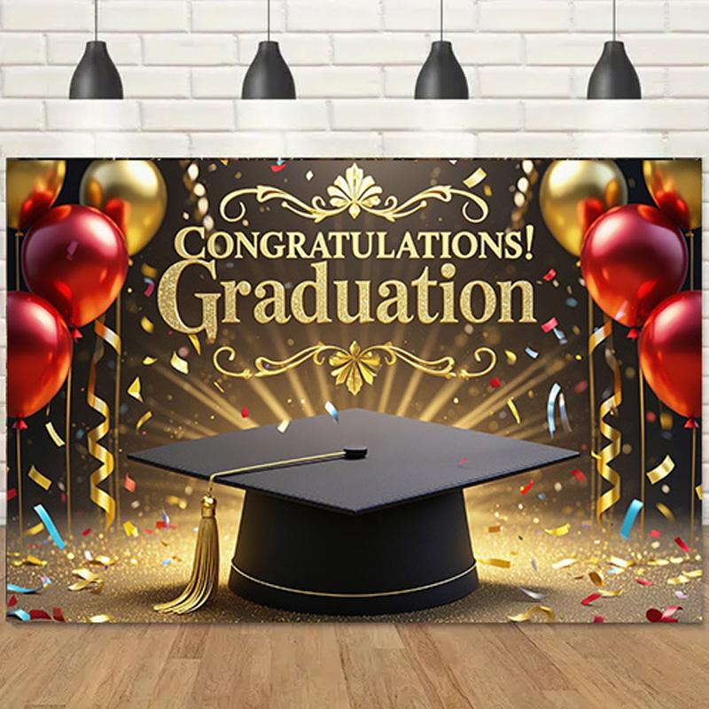 Abschluss-Hintergrund mit "GRADUATION"-Text, Ballons- und Konfetti-Design für Rasen im Freien, Gartenfeiern und Abschluss-Party-Dekor, Abschluss-Dekor