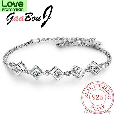 925 Sterling Silver Lucky Bracelets Cuff Cube Box Fashion Charm Chain Bangle Women Ladies Girls Jewelry Gift Silber Pulseiras