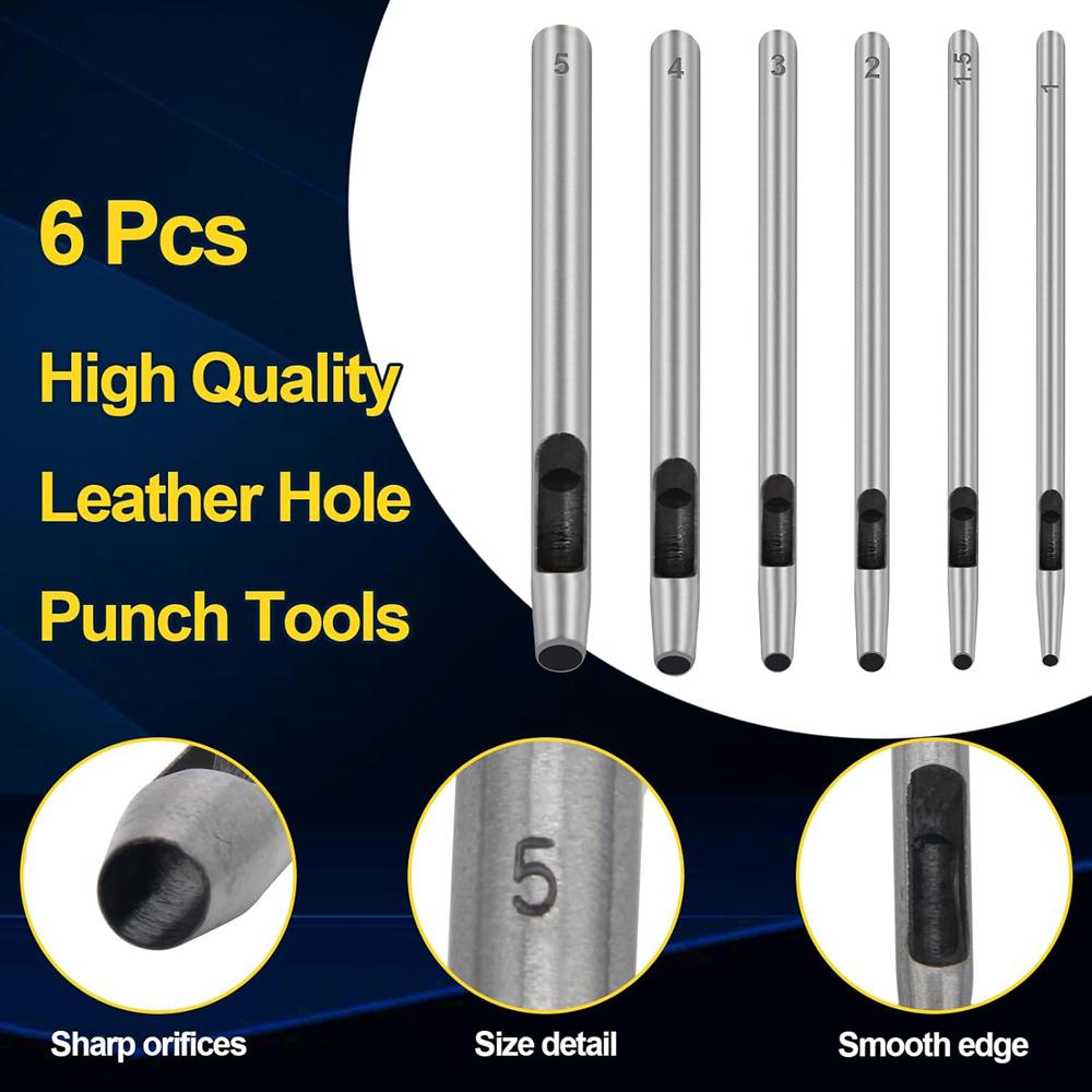 6Pcs Leather Round Hole Hollow Punch Set Puncher Cutter Tool Craft Working Kit for Watch Bands  Fabric Gasket Belts 1-5mm