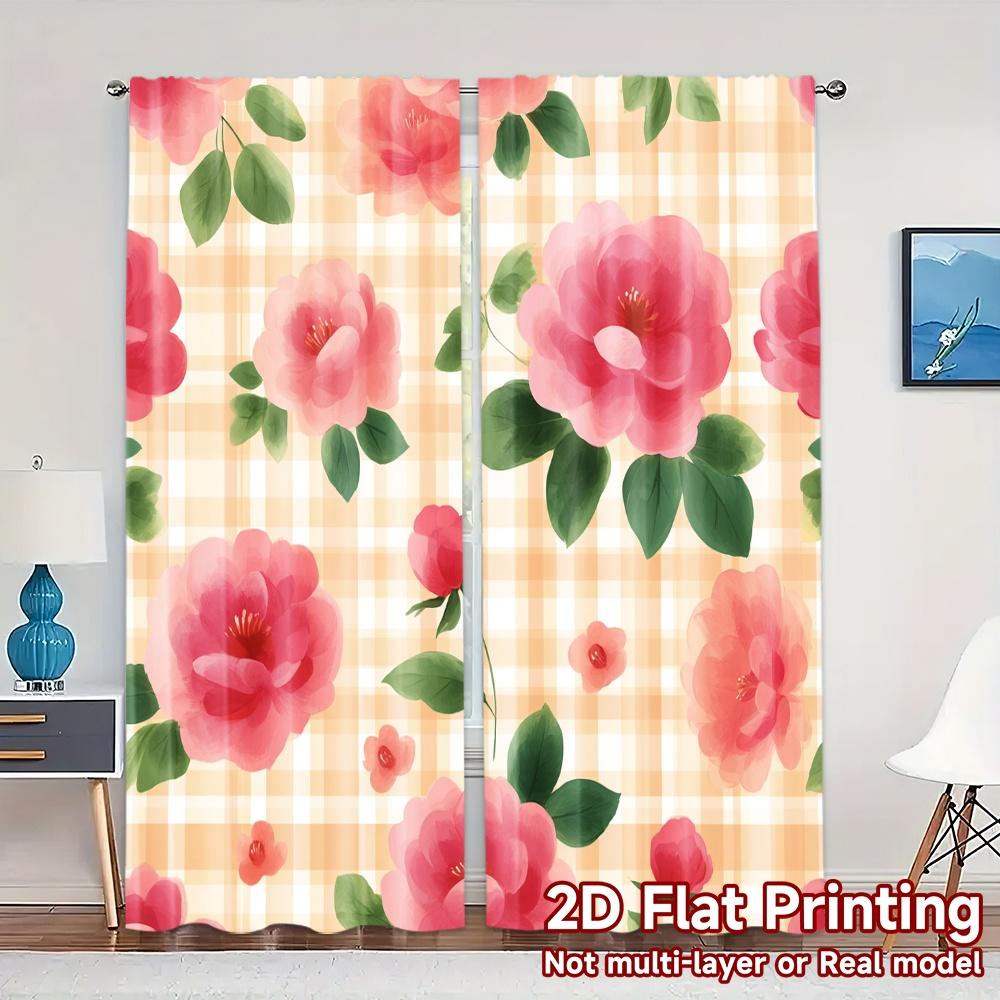 

Set Of 2 Flat Printing Curtains Without Rod Floral Pink Rose Design April Fools Is Day Festival Creative Semi Curtain Sheer Made Polyester W100*H70(CM)-Hooks&1PCS