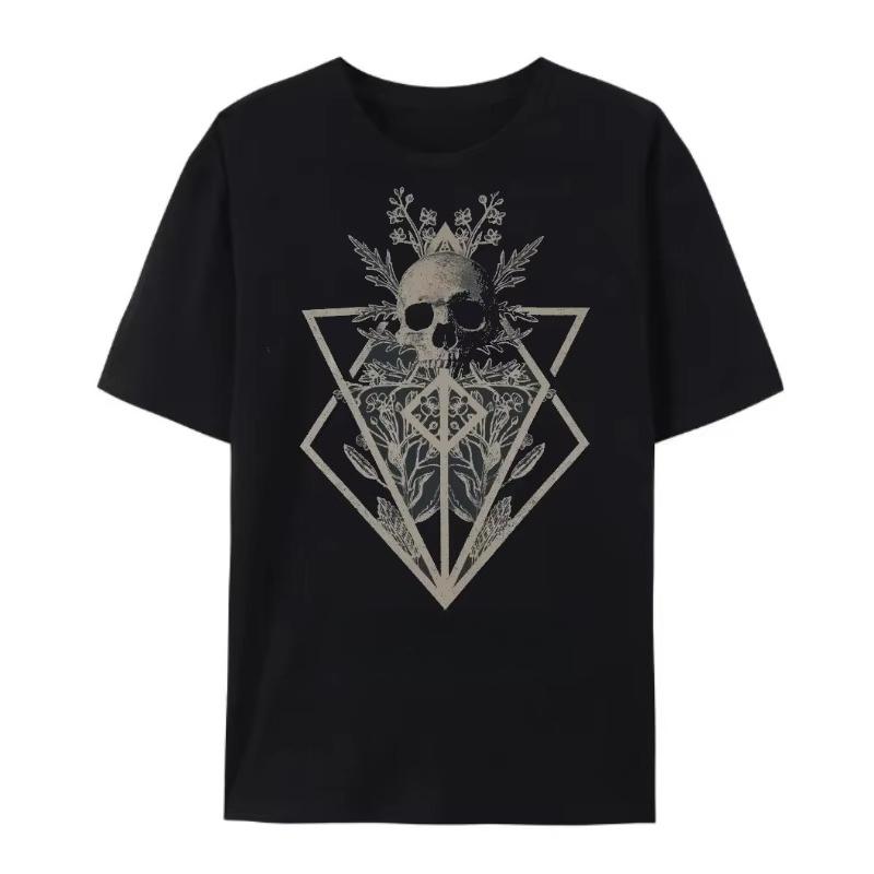 Men's Handsome Summer 100% Cotton Black Skull Printed Round Neck T-shirt Large Casual Outdoor High Street Short Sleeve
