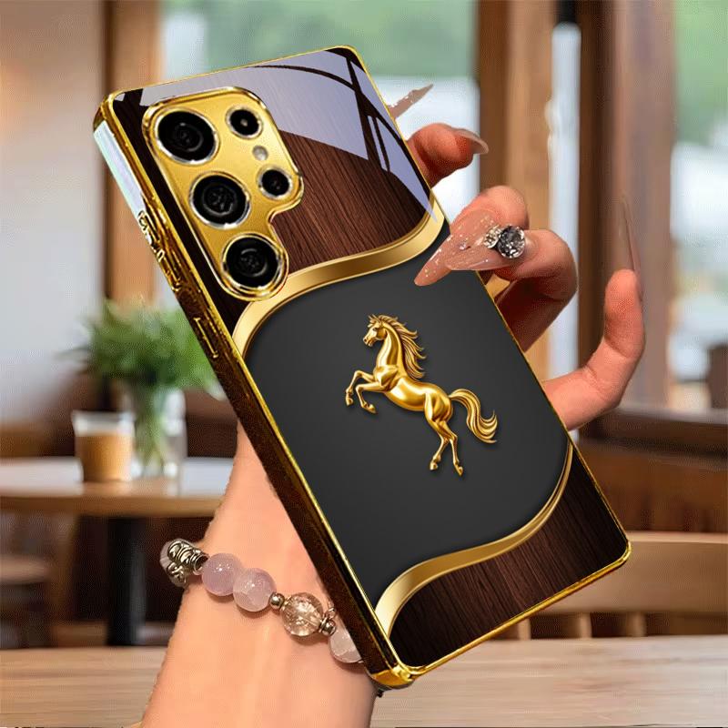 Stallion Emblem Electroplated Golden Phone Case For Samsung Galaxy S25 S24 S26 S23 S22 S21 S20 Ultra Plus FE S26+ Glass Cover