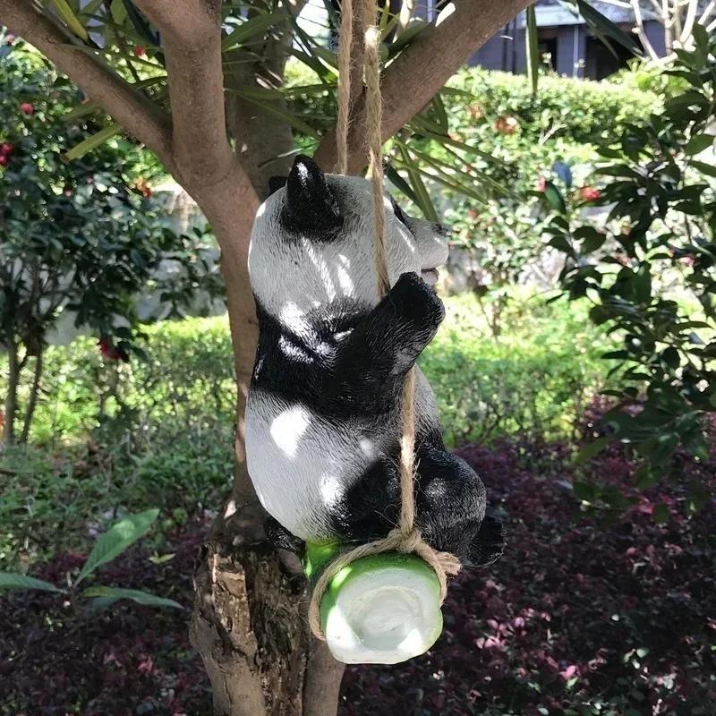 Cute Black and White Panda Swing On Bamboo Creative Statue Home Garden Decoration Outdoor Decoration