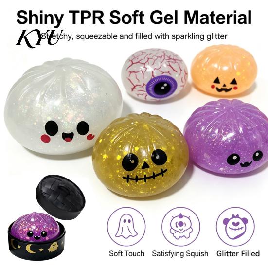 Weiches Knetspielzeug für Angst und Konzentration Halloween-Brötchen mit Dampfer, Sensorischer Fidget Stressball, Gruseliger Geist Dehnbares TPR-Spielzeug Kürbis zur Entspannung