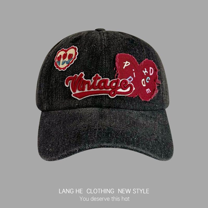 

INS Personalized Girly Washed Denim Distressed Light Blue Letter Patch Peaked Cap Easiest for Match Baseball Hat Black Adjustable