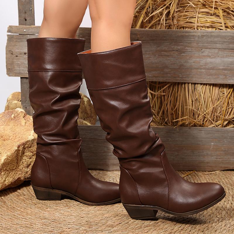 Fashion Black Pu Leather Knee-High Boots Women Slip On Med Heel Western Cowboy Boots Woman Autumn Winter Pleated Long Botas Plus Size 43