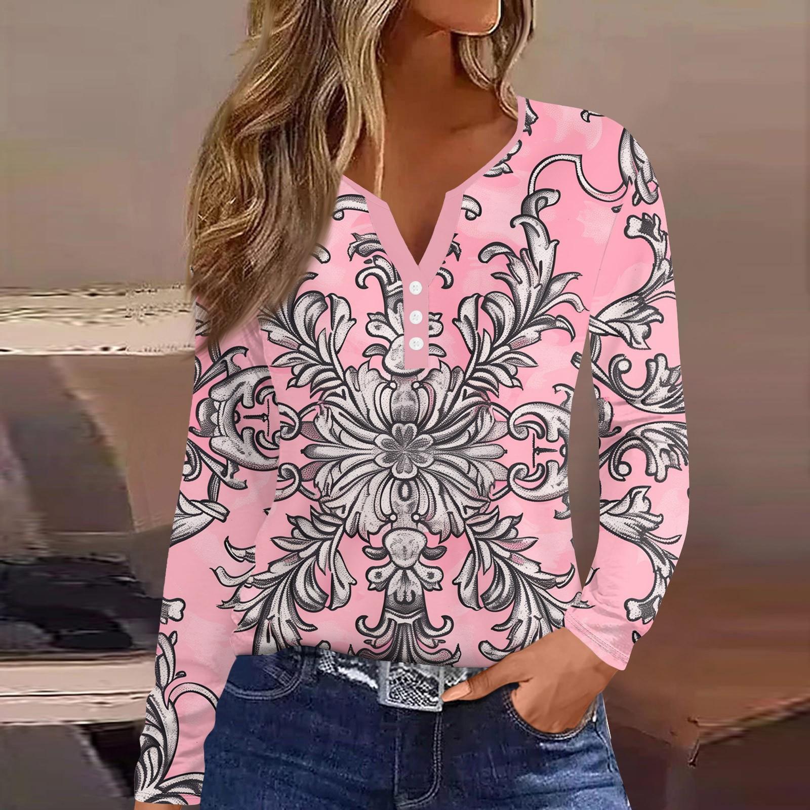 

Женская мода, повседневная футболка с цветочным принтом, V-образным вырезом, длинными рукавами и пуговицами, топ с длинными рукавами L розовый