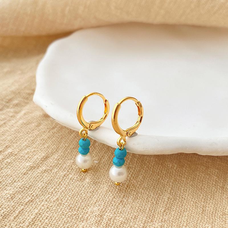 K Gold Plated Brass Turquoise Pearl Hoop Earrings Minimalist Ins Style Women Jewelry