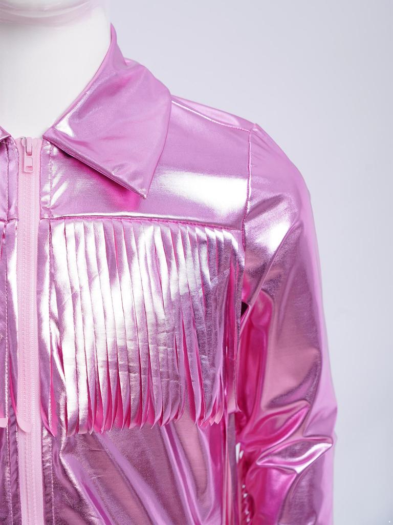 Girls Dance Jacket Metallic Tassel Design Turn Down Collar Long Sleeve Zipper Fringe Party Top