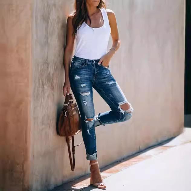 Ladies' Four Seasons Sexy Small Feet Fashionable Retro Slimming Comfortable Elastic Denim Pants