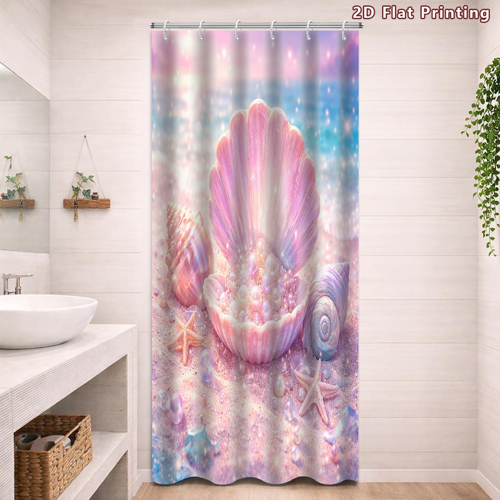 4Pcs 2D Flat Seashells and Pearls Shower Curtain Set with Non-Slip Bath Mat, Toilet Lid Cover, Contour Rug & 12 Hooks, Bathroom Decor