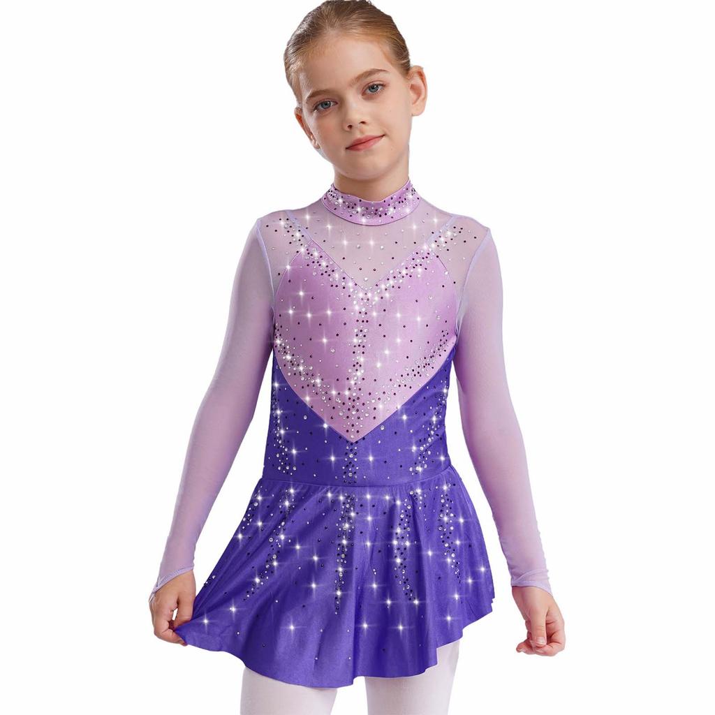 Jenter Skøytekjoler Dansedrakter Mock Neck Langermet Fargeblokk Gjennomsiktig Mesh Patchwork Skinnende Rhinestones Kjole