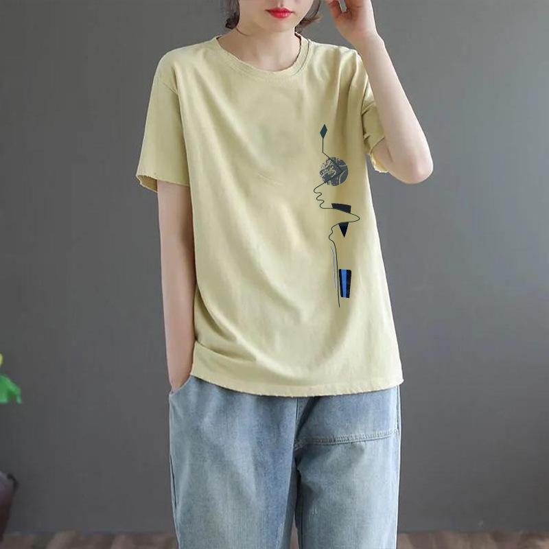 Short Sleeved Women's Summer Korean Round Neck Printed Geometric Large Loose Pullover Casual T-shirts Tops
