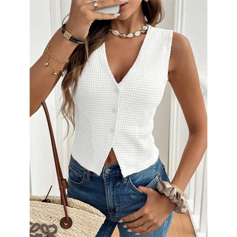 

Модная летняя женская офисная рубашка с V-образным вырезом, без рукавов, короткая, повседневный жилет, новый простой топ на трех пуговицах, женская майка, приталенная, плиссированная одежда L белый